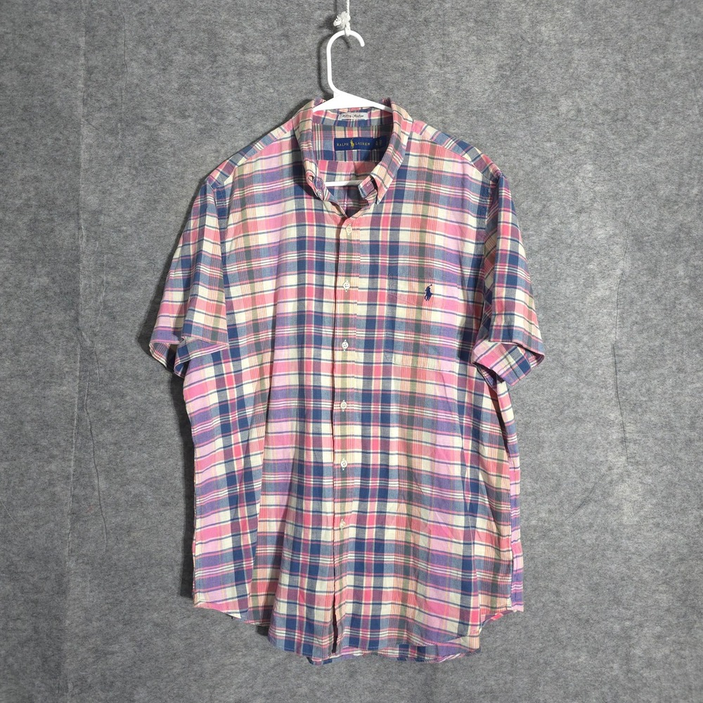 Ralph Lauren Madras Shirt Mens XL Pink Blue Plaid Short Sleeve Button Down Pony